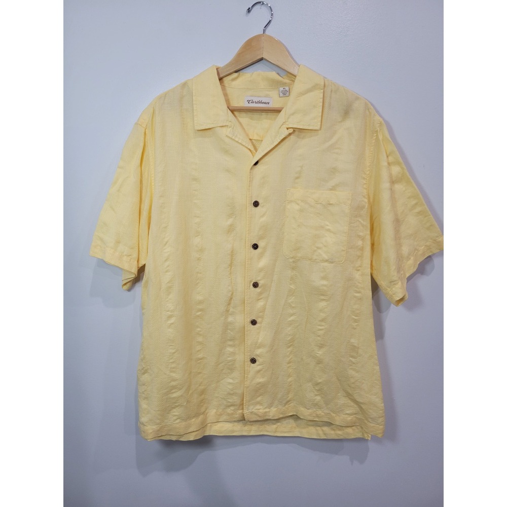 Caribbean Mens XL Yellow Linen Blend Short Sleeve Camp Shirt Textured Stripe